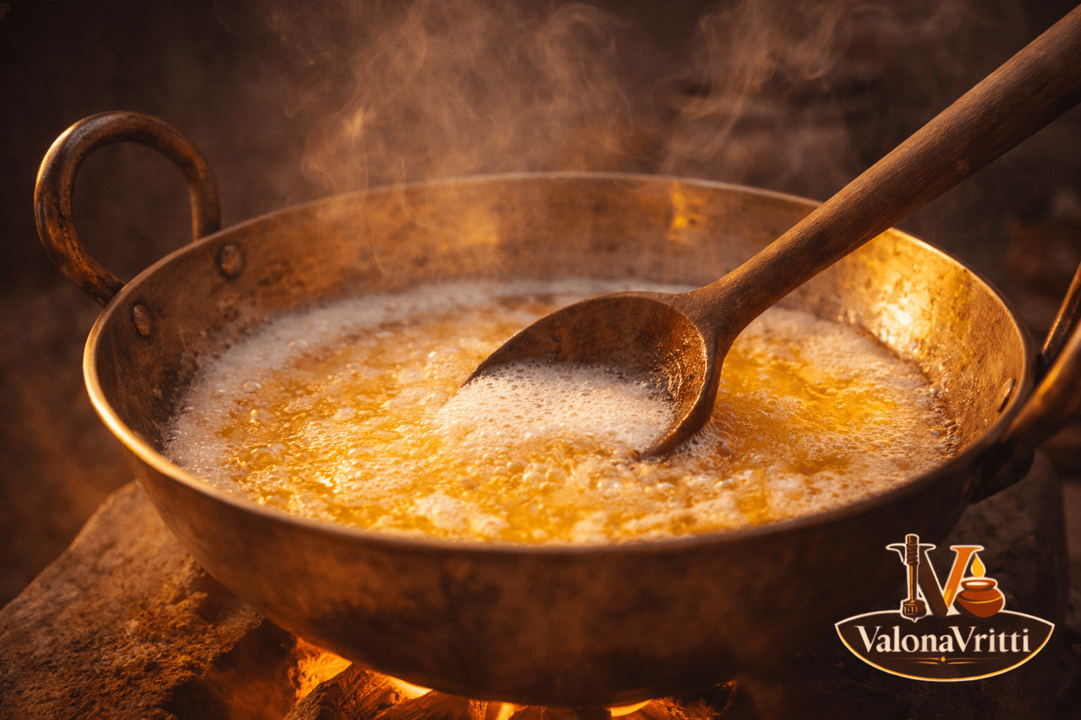 5. Heating Butter - Bilona Ghee Process at ValonaVritti Jamkhambhaliya